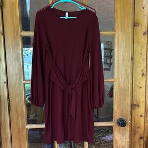 Elegant Burgundy Dress, tie in front, long sleeved EUC